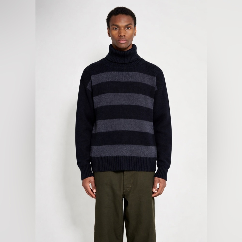 Ami Alexandre Mattiussi Black Navy Alpaca Wool Turtleneck Striped Sweater L/XL